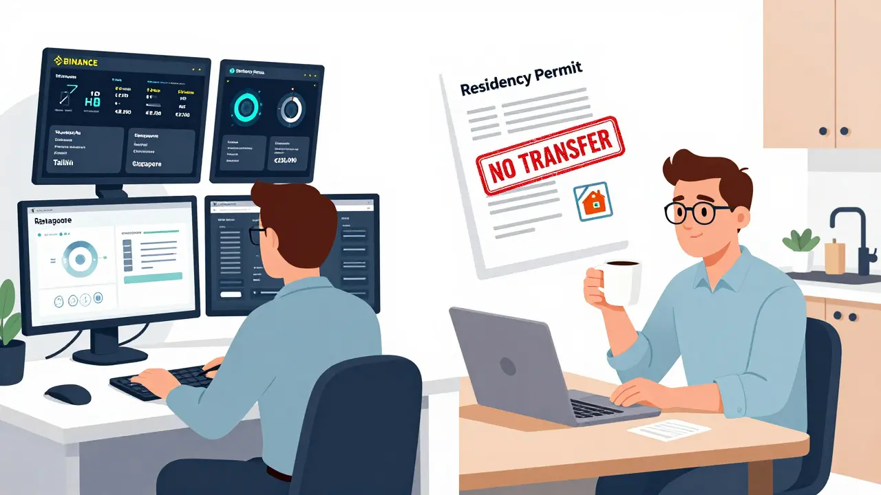 Split scene: trader with global crypto activity on left, same person in Malta with no money transferred to local bank on right.