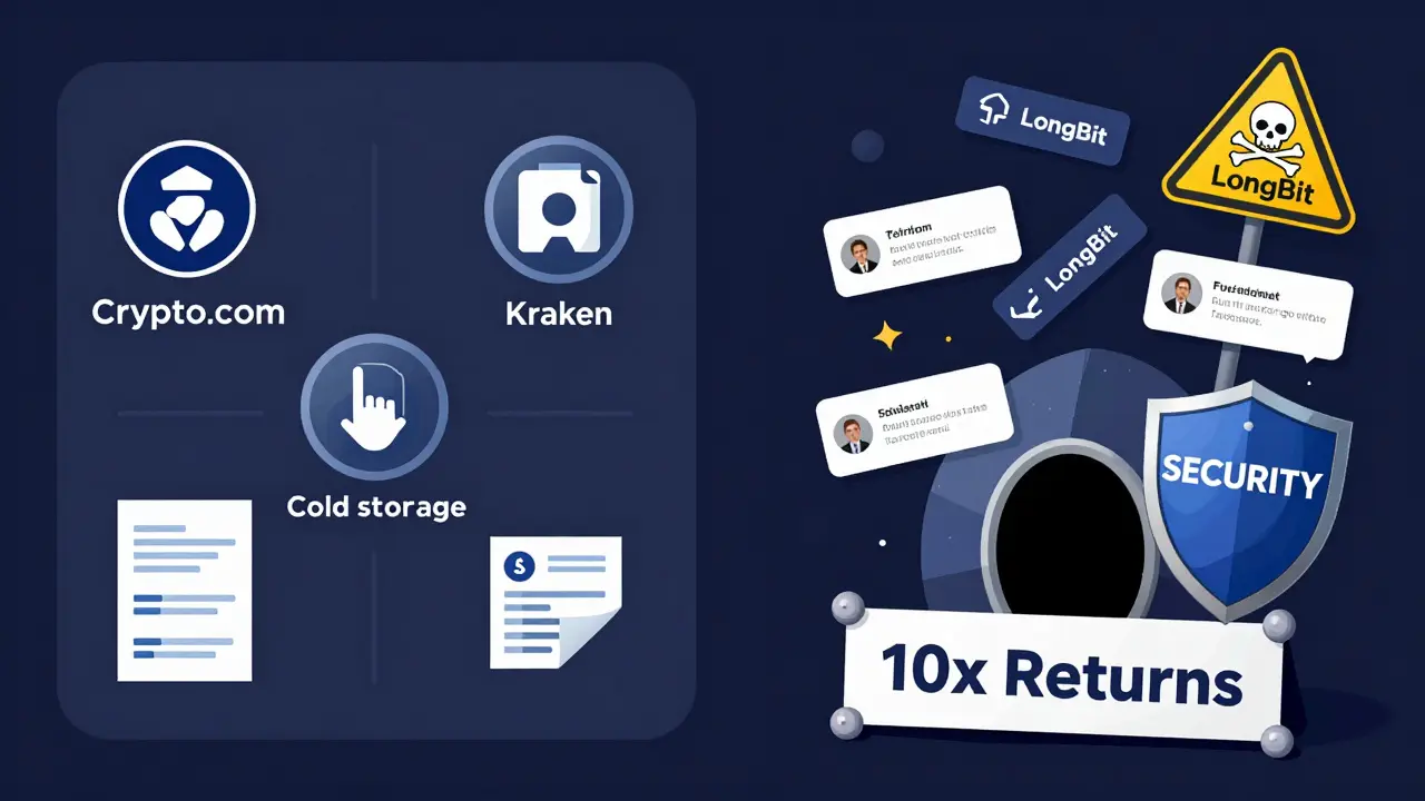 Split-screen comparison: legitimate exchange with security features vs. hollow LongBit scam