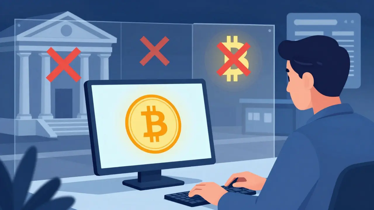 Technician testing CBDC prototype with currency emblem, banks separate.