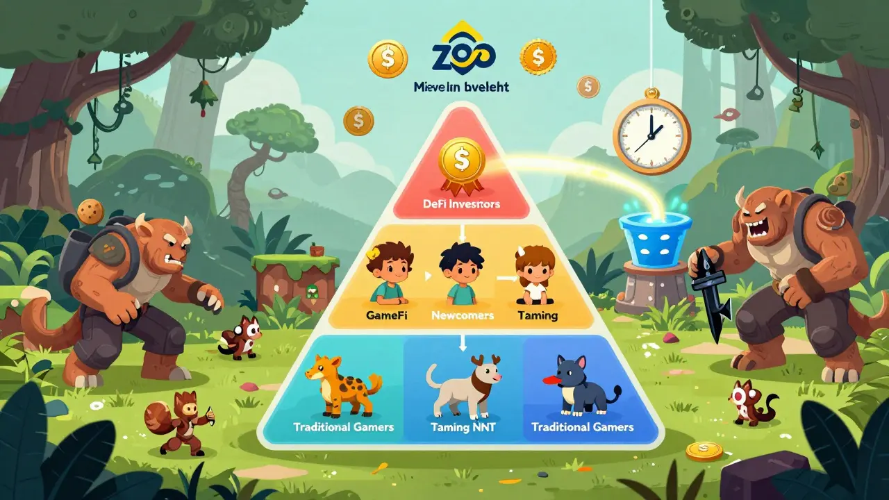 Three user types—investors, newcomers, gamers—connected by ZOO token stream leading to a Mega Event Airdrop vault.