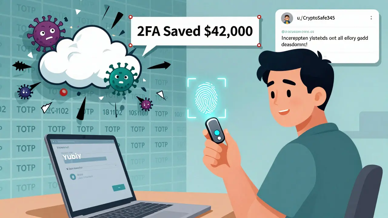 User authenticating with a YubiKey hardware key while malware fails to breach encrypted codes.