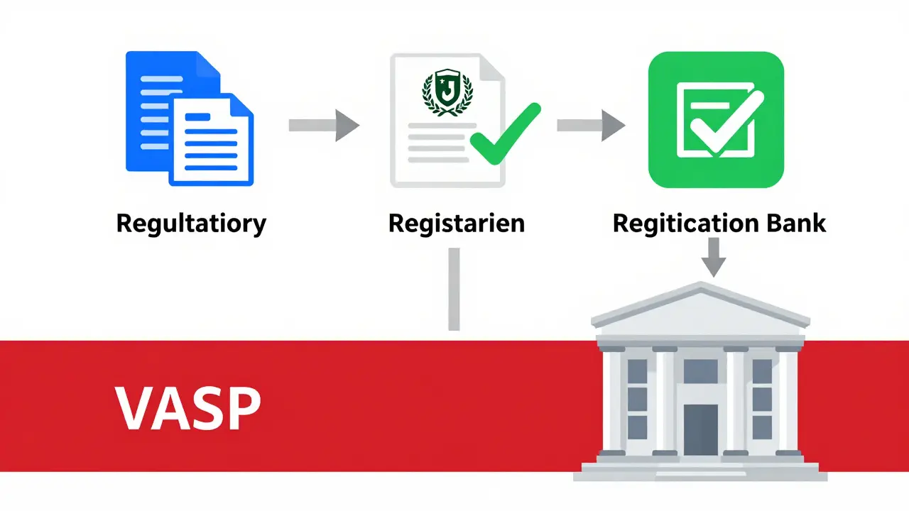 VASP registration flowchart with regulatory approval and banking separation barrier.