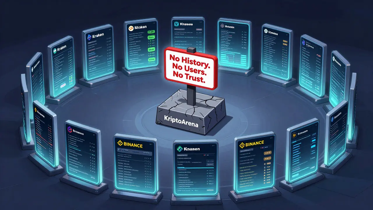 A circle of trusted crypto exchanges surrounds a cracked, empty pedestal labeled KriptoArena with a red warning sign above.