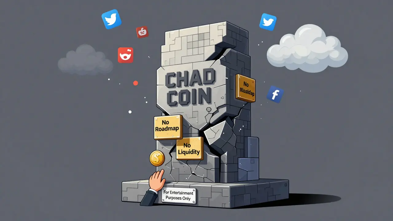 A crumbling CHAD COIN monument with missing components labeled 'No Team' and 'No Roadmap', fading social media icons drifting away.