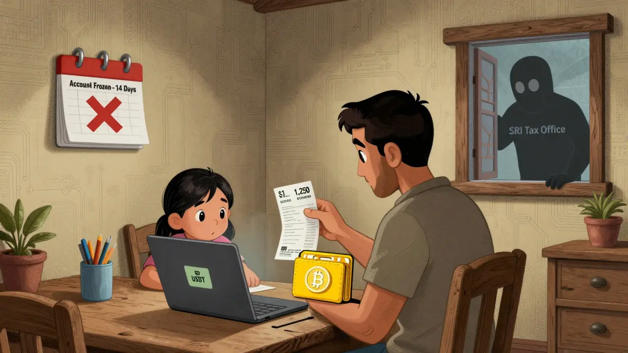 A family manages crypto finances at home as a tax office figure watches from the window.