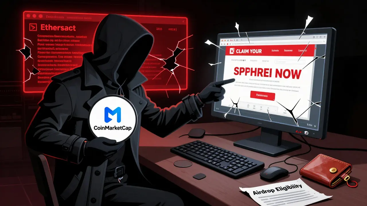 A hacker pointing at a phishing site showing fake SPHRI airdrop claim, with a broken smart contract in the background.