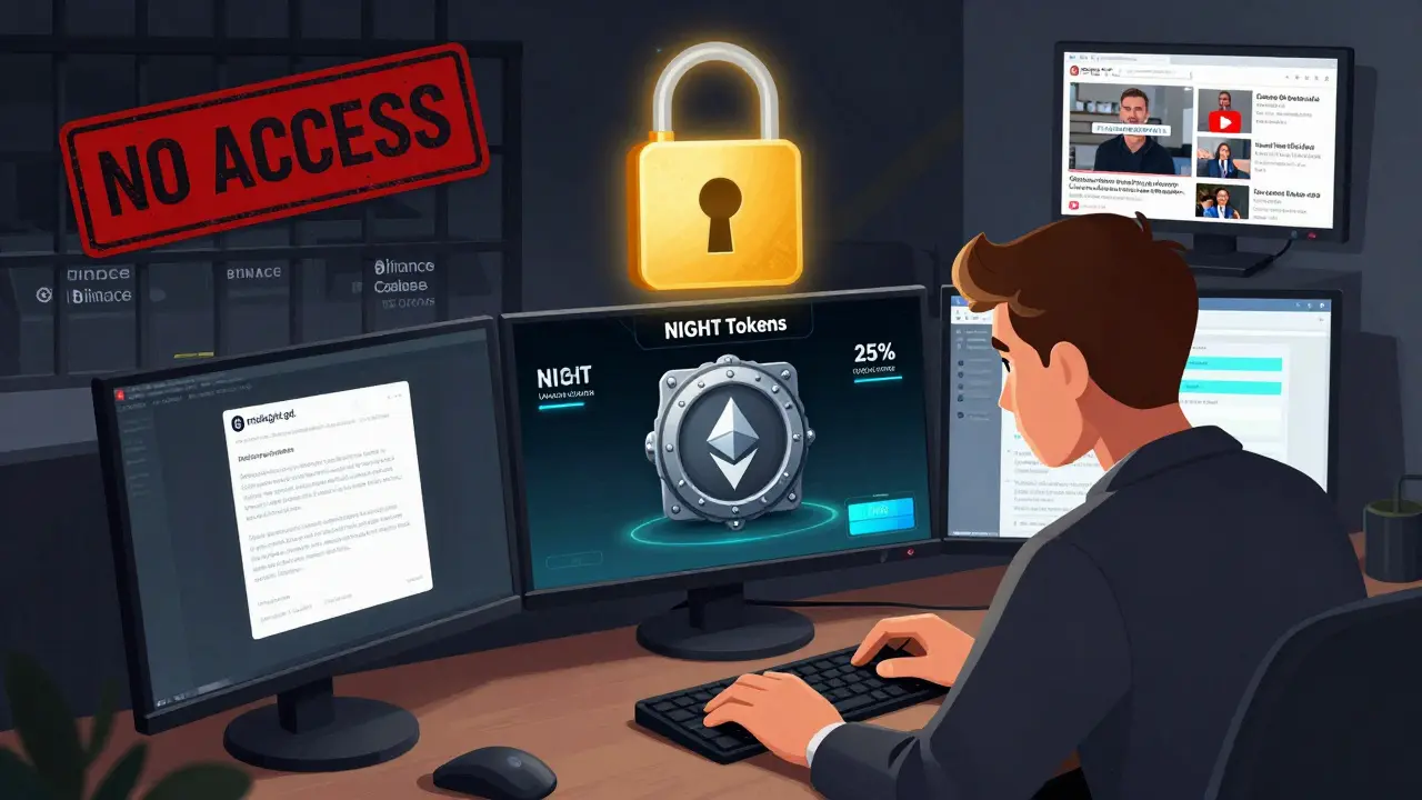 A person signing a cryptographic message on a Cardano wallet screen while a locked vault of tokens glows, with exchange platforms blocked by red signs.