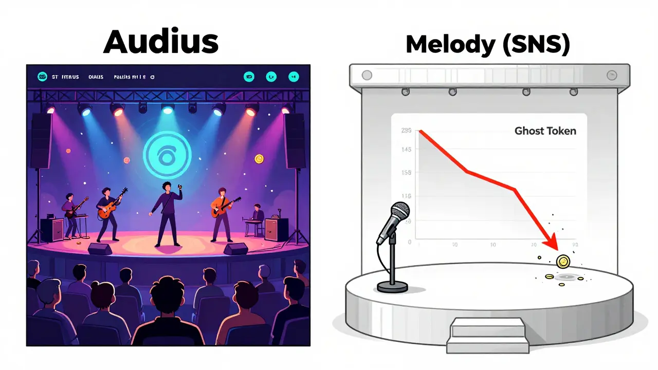 A split illustration showing active Audius platform versus an empty, decaying Melody (SNS) stage.