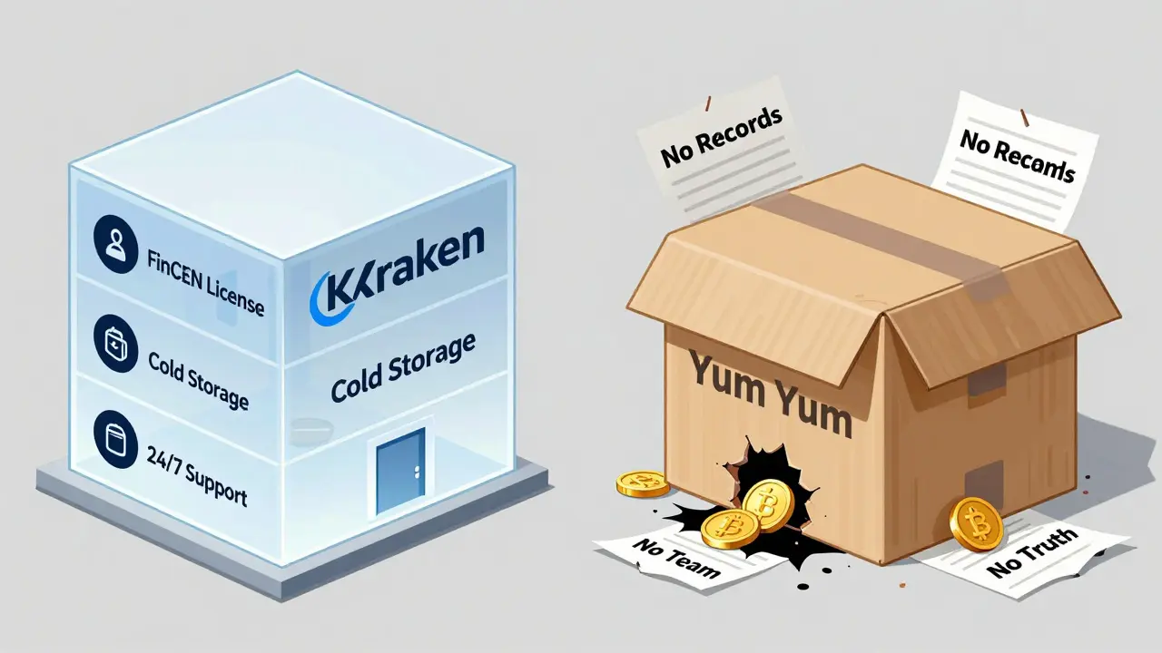 A technical comparison: a legitimate exchange building vs. a crumbling cardboard box labeled Yum Yum with coins falling into a black hole.