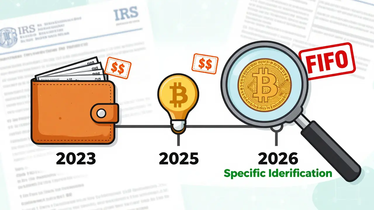A timeline of Bitcoin transactions with tax stamps, a wallet showing transaction details, and FIFO vs. specific identification labels.