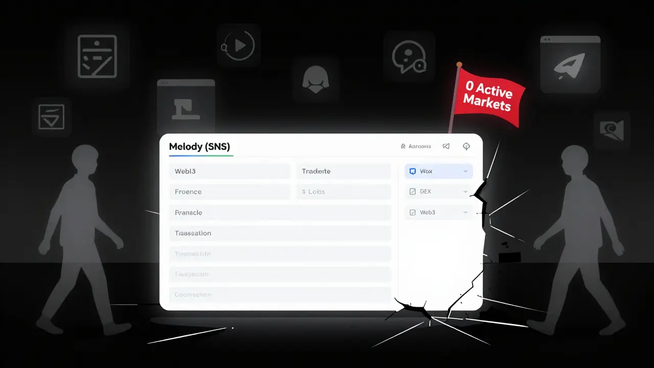 An abandoned Web3 dashboard with frozen data and '0 Active Markets' flag, in a dark digital space.