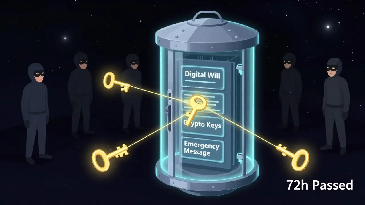An encrypted digital vault unlocking only when three of five trusted parties confirm absence.