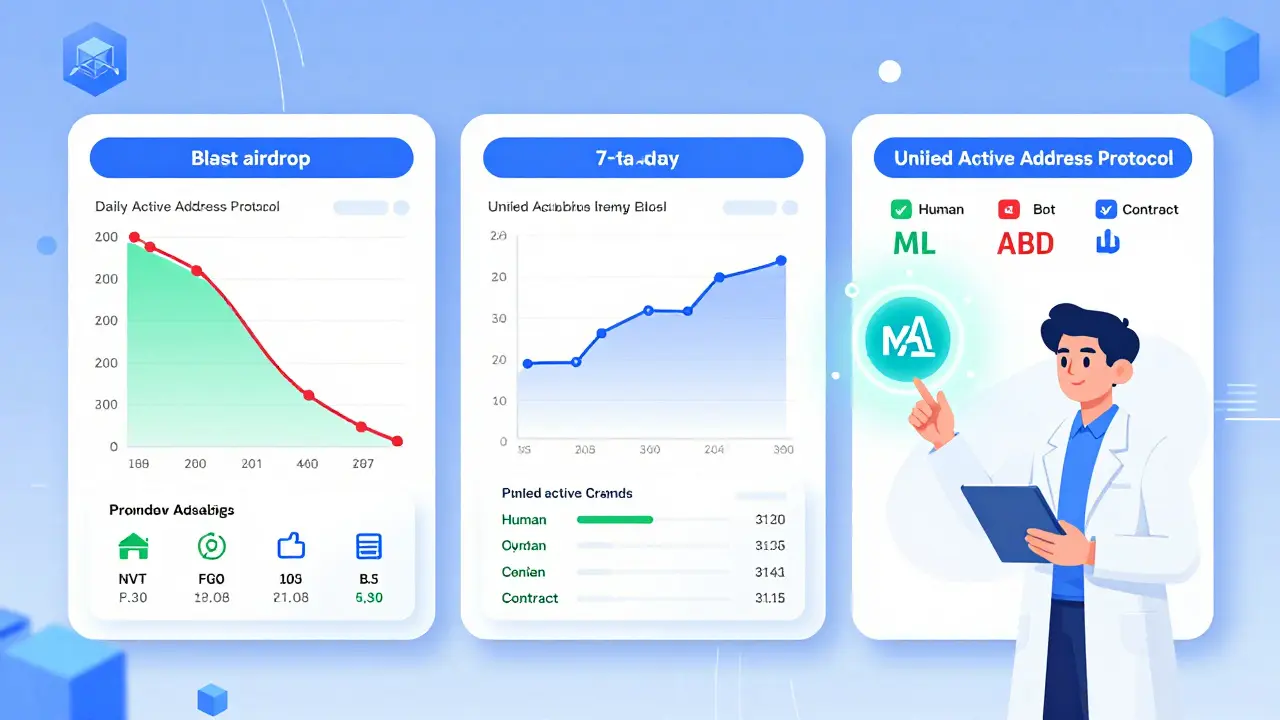 Analytics dashboard with active address trends, ML behavior analysis, and a 'Unified Active Address Protocol' logo.