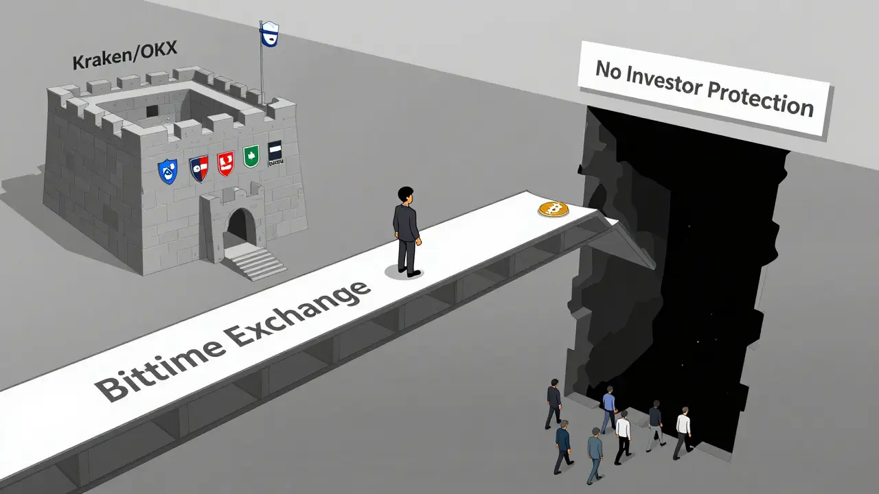 Bitcoin icon on a dangerous bridge between secure and unsafe crypto exchanges, with users walking toward risk.