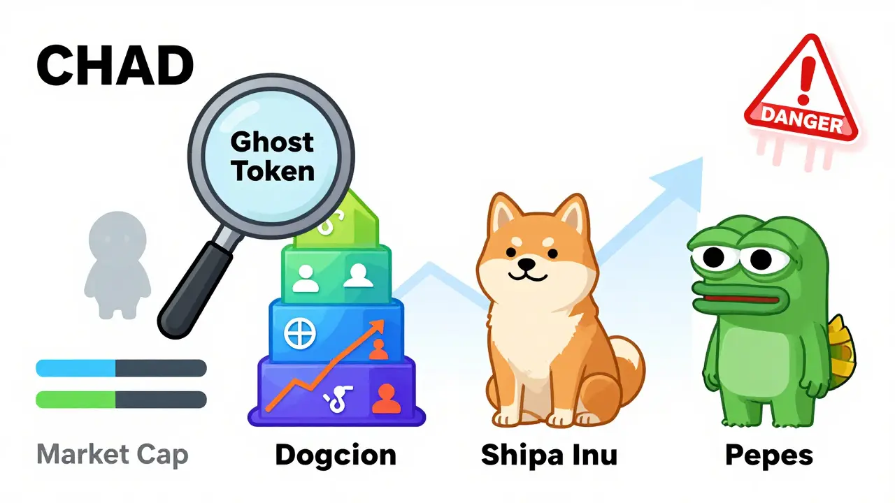 CHAD compared to other meme coins in a technical diagram showing it as tiny and inactive while others are vibrant and established.