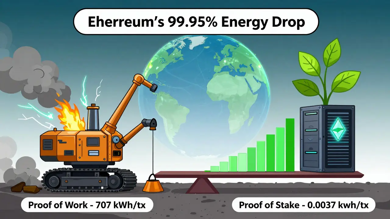 Comparison of energy-intensive Proof of Work mining versus efficient Proof of Stake validation with dramatic energy savings.