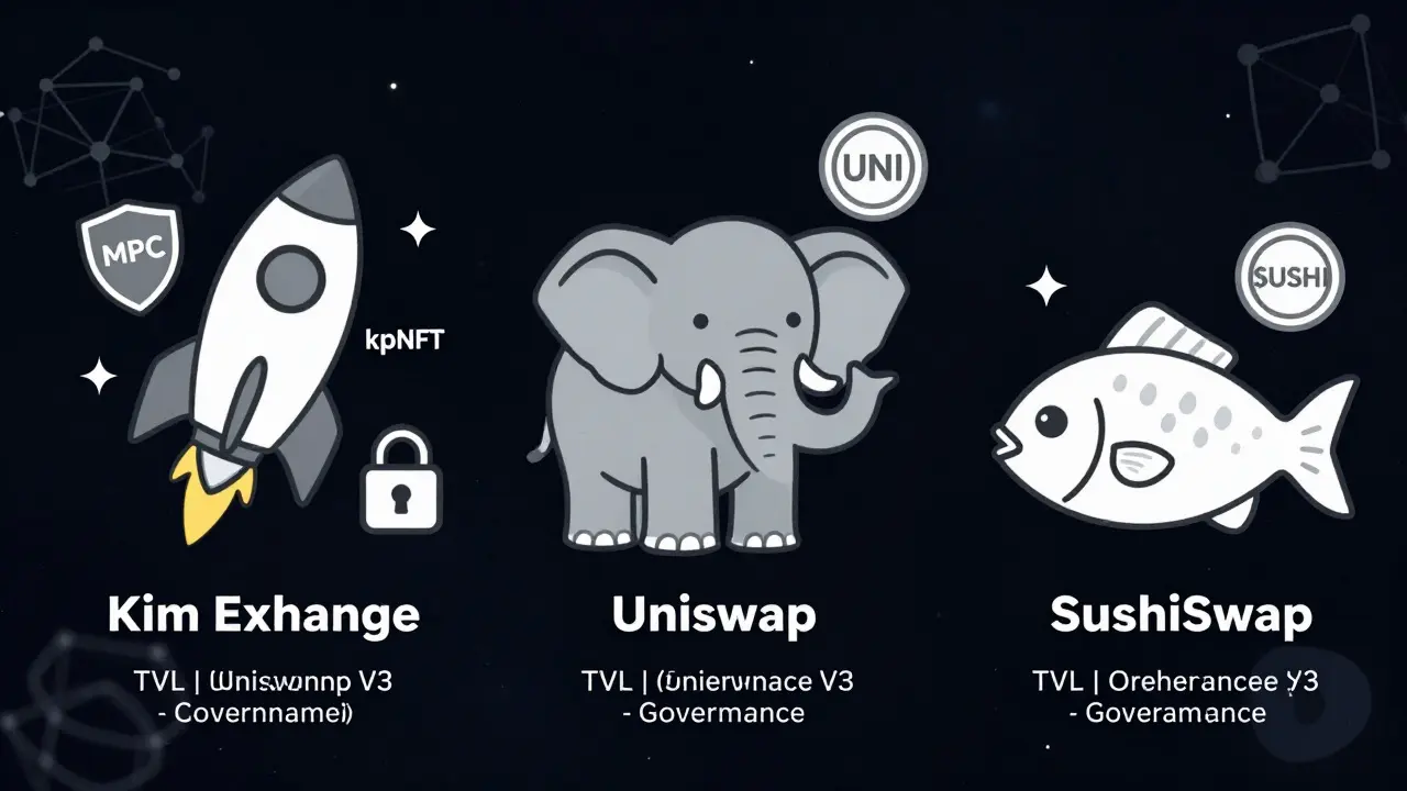 Comparison of Kim Exchange, Uniswap V3, and SushiSwap using iconography showing rocket, elephant, and fish with their respective features and TVL.
