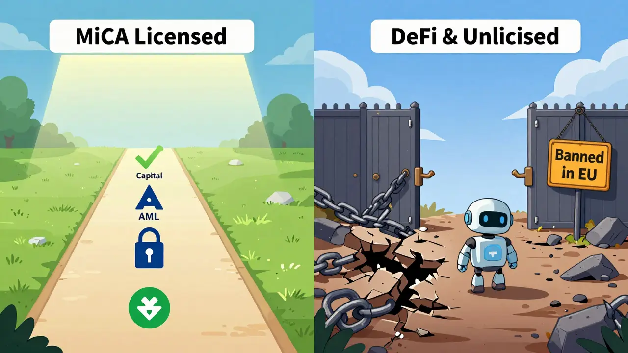 Contrasting path illustration: compliant CASP on left, blocked DeFi on right with EU ban sign.