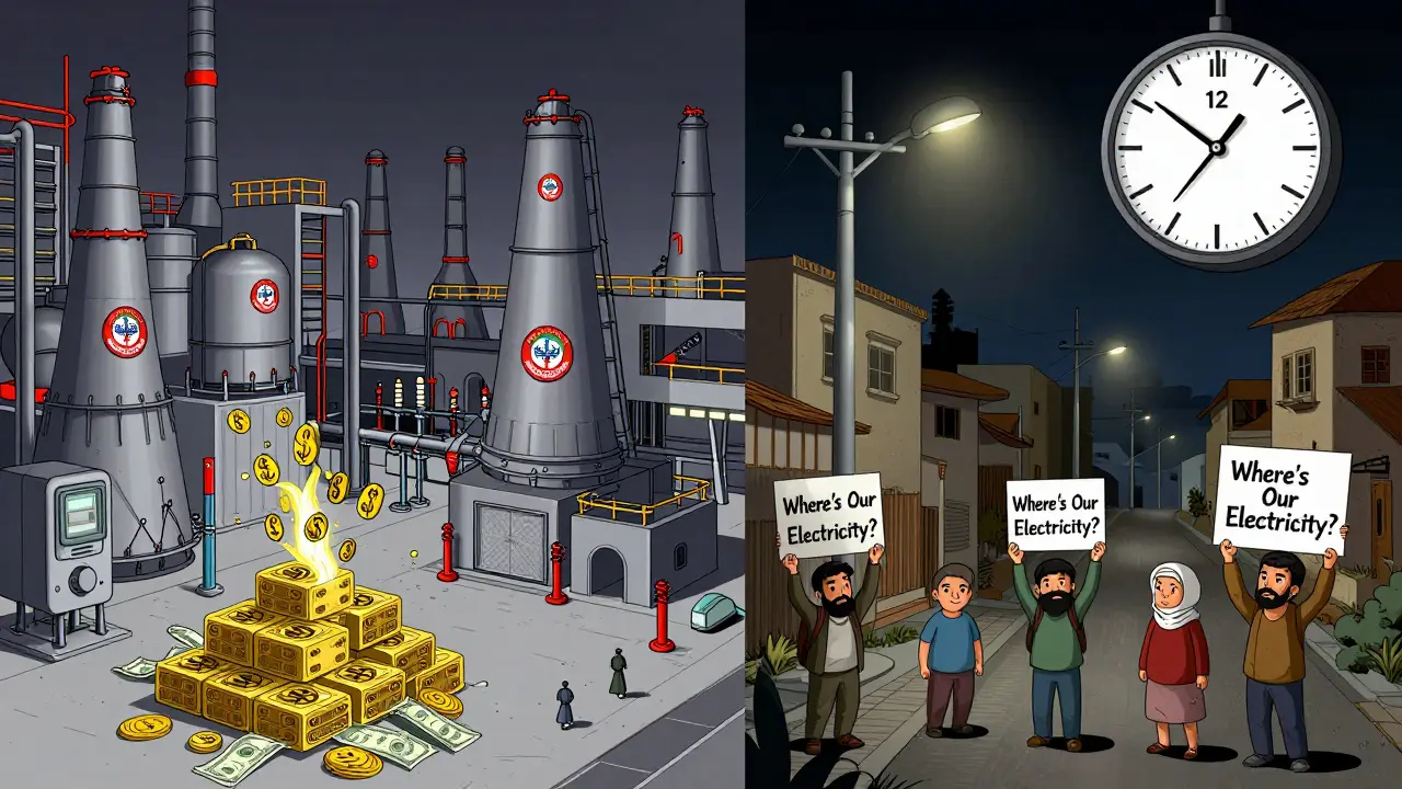 Contrasting scenes of industrial crypto mining operations and a dark Iranian neighborhood with blackouts and candlelit homes.