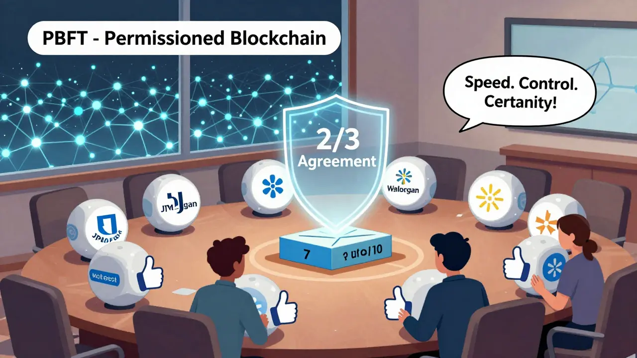 Corporate nodes in a permissioned blockchain committee voting to approve a block with 2/3 agreement.