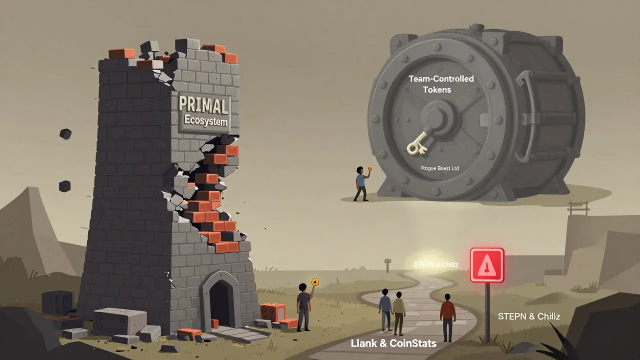 Crumbling PRIMAL tower with most tokens locked away, tiny user facing a vault labeled 'Rogue Beast Ltd'.