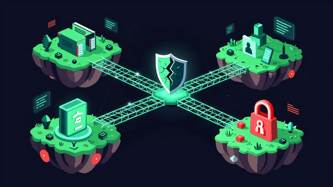 Digital islands connected by fragile bridges with a cracked security shield.