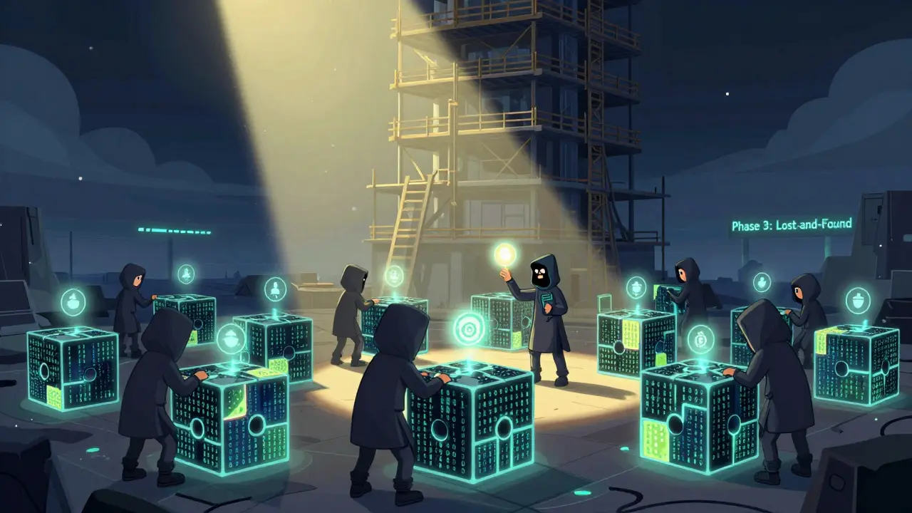 Digital miners solving puzzle cubes that release NIGHT tokens, as a Cardano mainnet tower rises in the background with DUST particles swirling around.