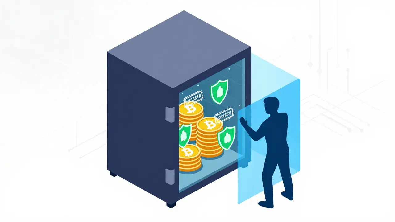 Digital vault illustration with audit seals and blocked malicious access attempt.