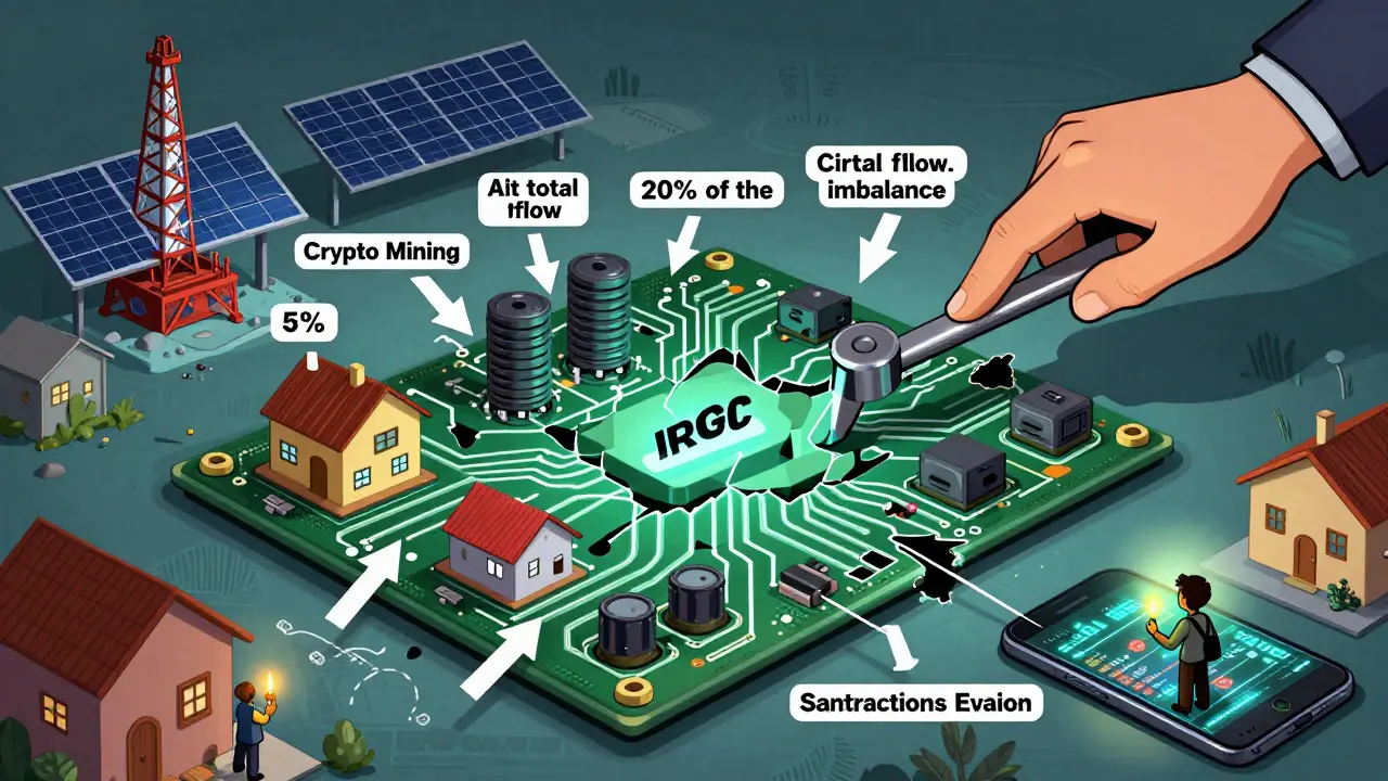 Iran's power grid depicted as a cracked circuit board, with mining diverting electricity from homes to IRGC-controlled operations.