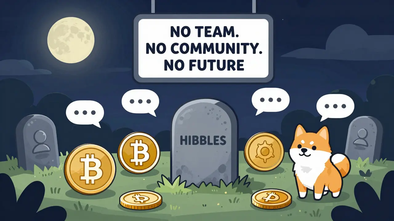 NIBBLES tombstone in a crypto graveyard, overshadowed by active projects with thriving communities.