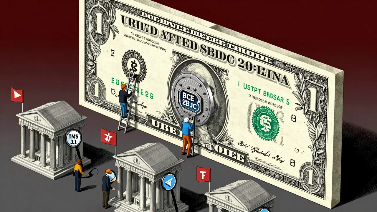 People climb toward a digital currency vault using crypto tools while banks monitor transactions.