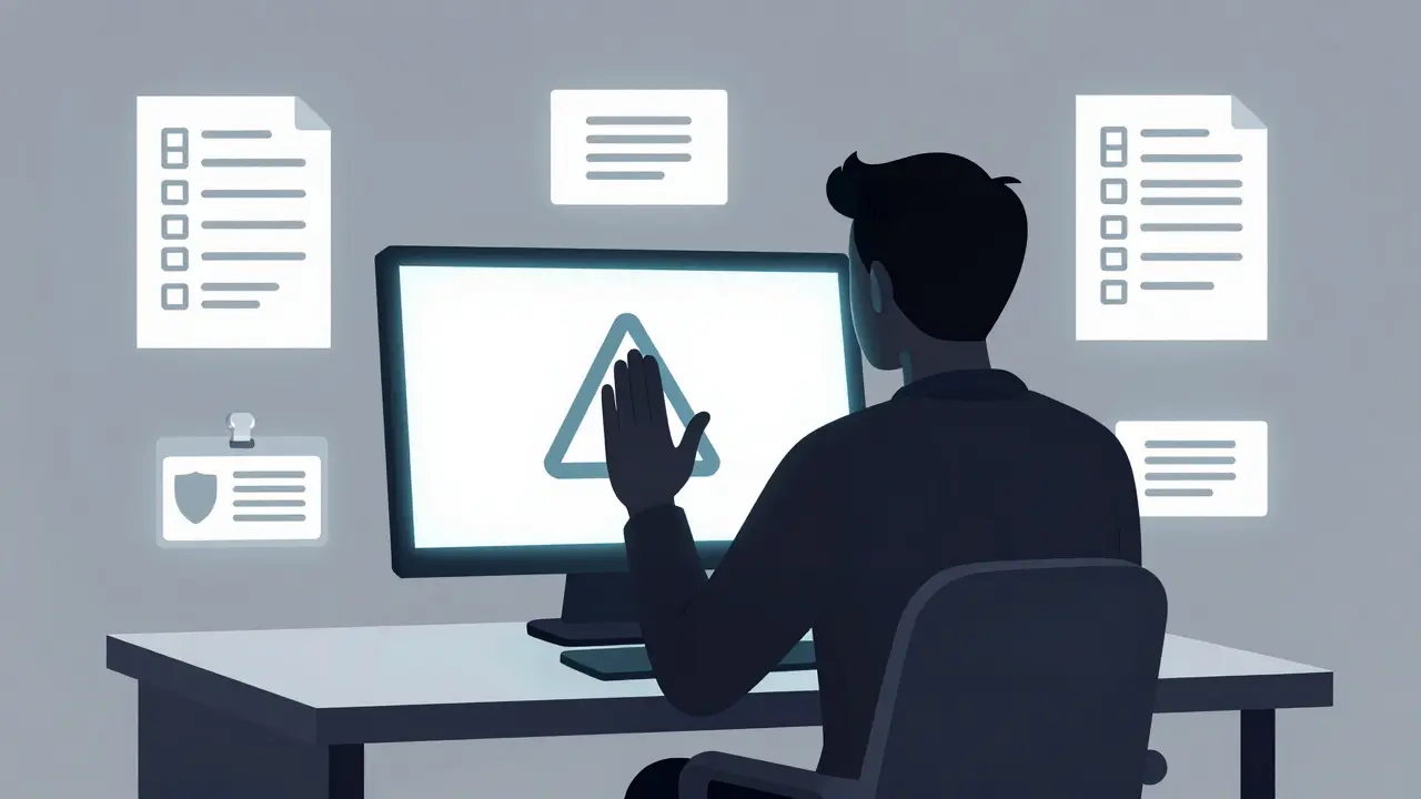 Person halting transaction with warning symbol on monitor and safety checklists.