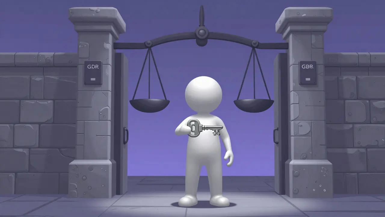 Person holding digital key before a gate guarded by scales of justice.