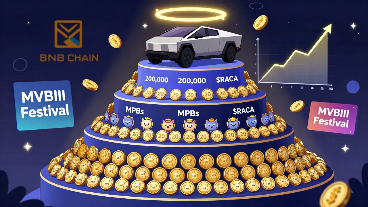 Reward pyramid showing $RACA token distribution from Metamon and MPB NFTs, with Tesla Cybertruck NFT at the top.