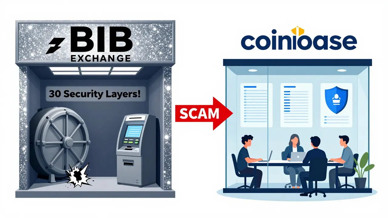 Side-by-side cartoon comparison: BIB Exchange as a fake facade vs. Coinbase as a transparent, secure platform.