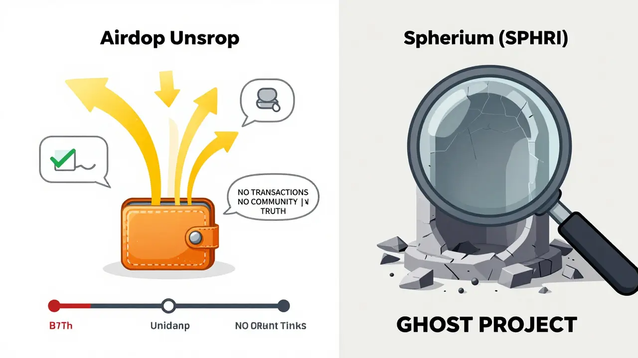 Side-by-side comparison: active real airdrop on left, hollow ghost project with no transactions or community on right.