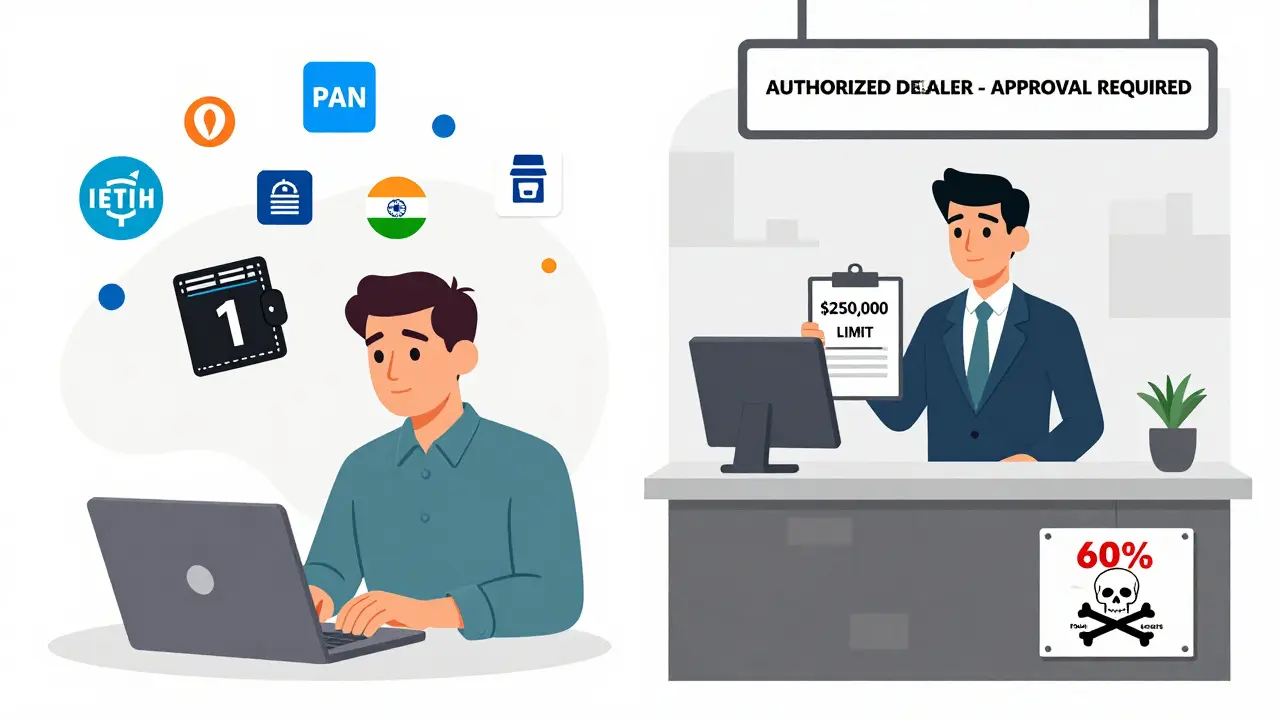 Split view showing crypto transfer process with PAN/Aadhaar requirements and bank approval limits for foreign transfers.