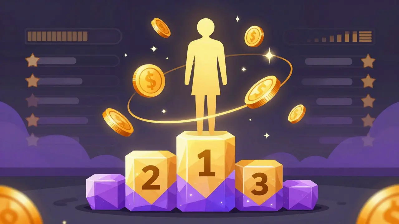 Stylized podium with golden coins and achievement stars