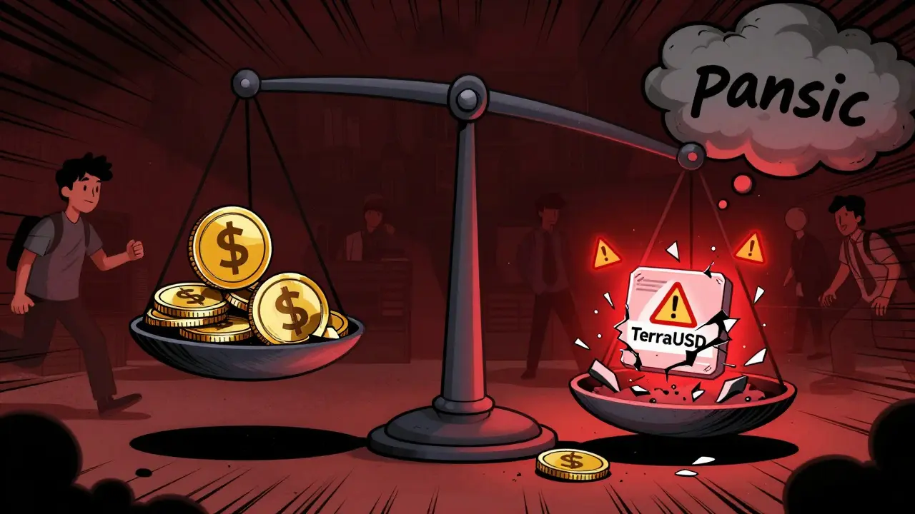 TerraUSD and LUNA tokens collapsing as panic spreads, illustrating the failure of an algorithmic stablecoin system.
