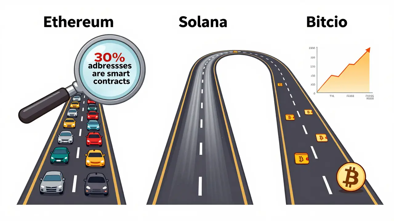Three blockchain networks depicted as highways with different traffic patterns of wallet icons, highlighting usage differences.