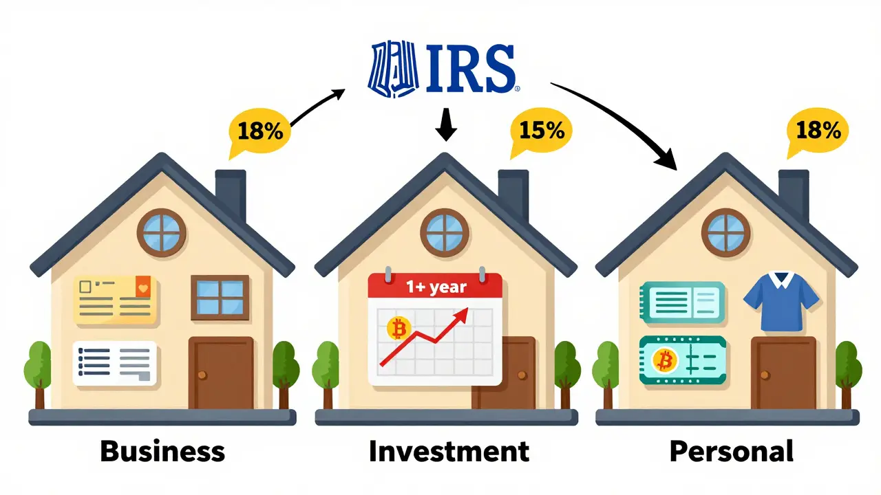 Three labeled rooms showing how Bitcoin is taxed differently as business, investment, or personal property.