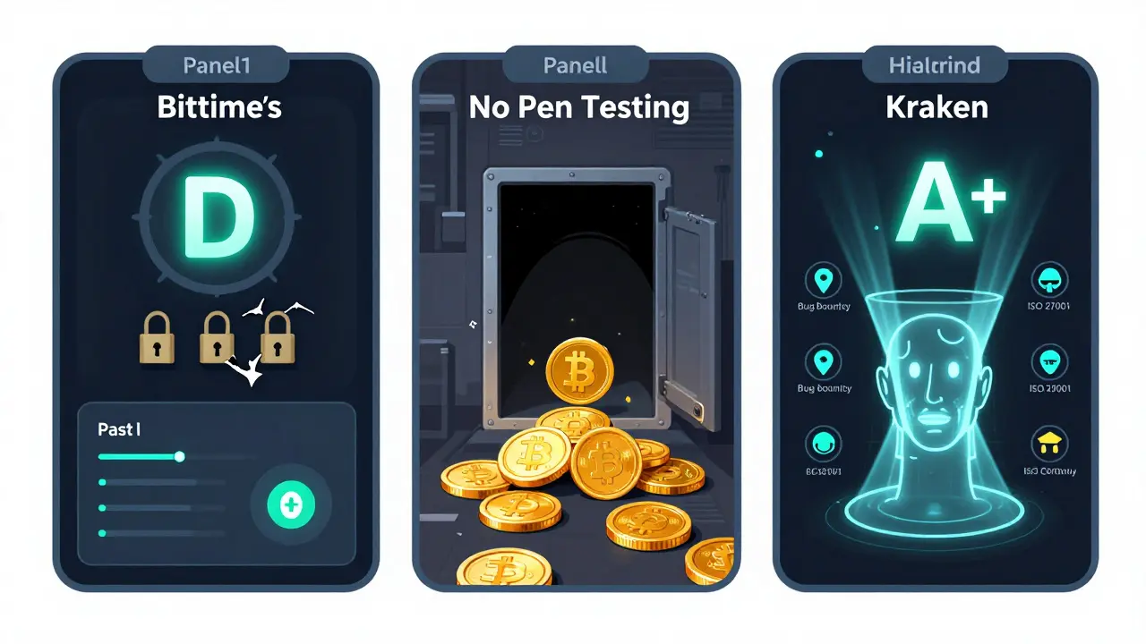 Three-panel security dashboard comparing Bittime’s failed metrics to Kraken’s certified safety systems.