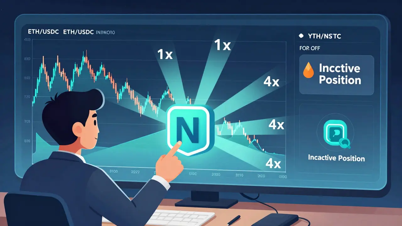 Trader viewing kpNFT yield boost from 1x to 4x while price moves outside liquidity range, triggering an inactive position alert.