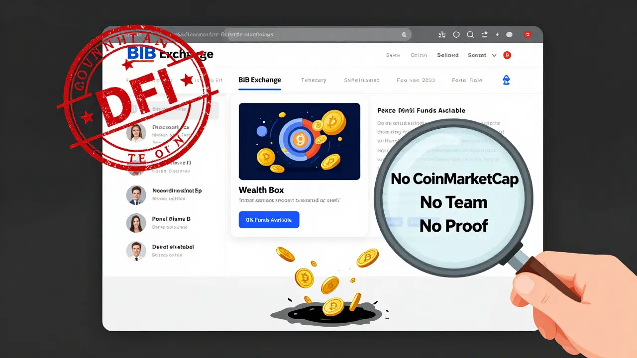 Washington State DFI warning stamp over BIB Exchange website showing empty vaults and disappearing crypto coins in technical illustration style.