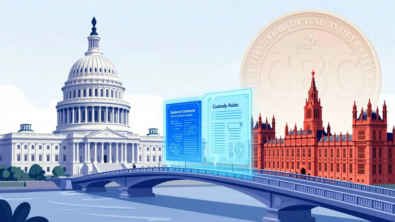 A bridge between US and UK government buildings with holographic regulatory documents.