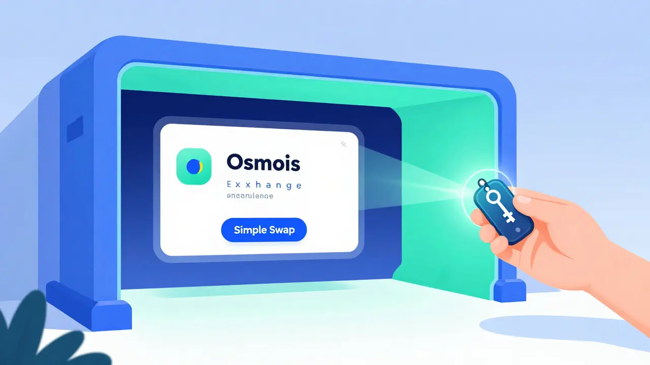 A character using a digital key to unlock a gateway to the Osmosis exchange interface.