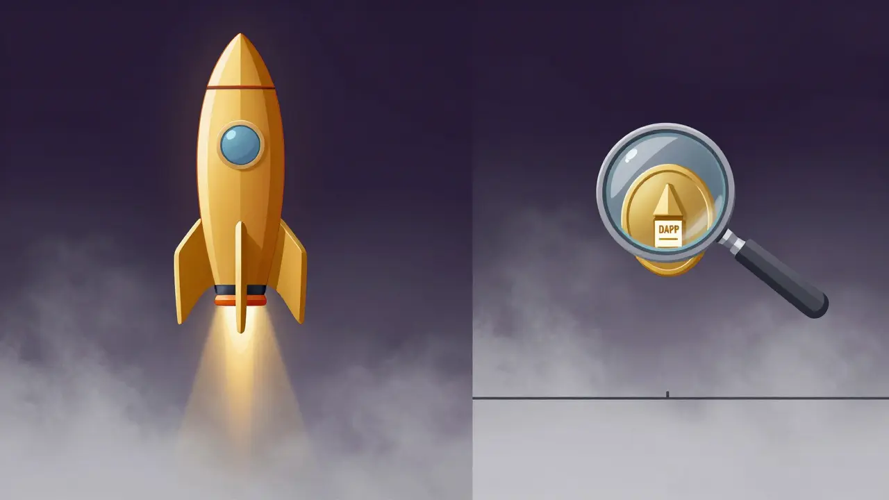 A comparison between a rising Ethereum rocket and a stagnant, speculative DAPP token.