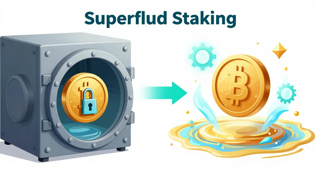 A conceptual diagram showing a token simultaneously in a security vault and a liquidity pool.