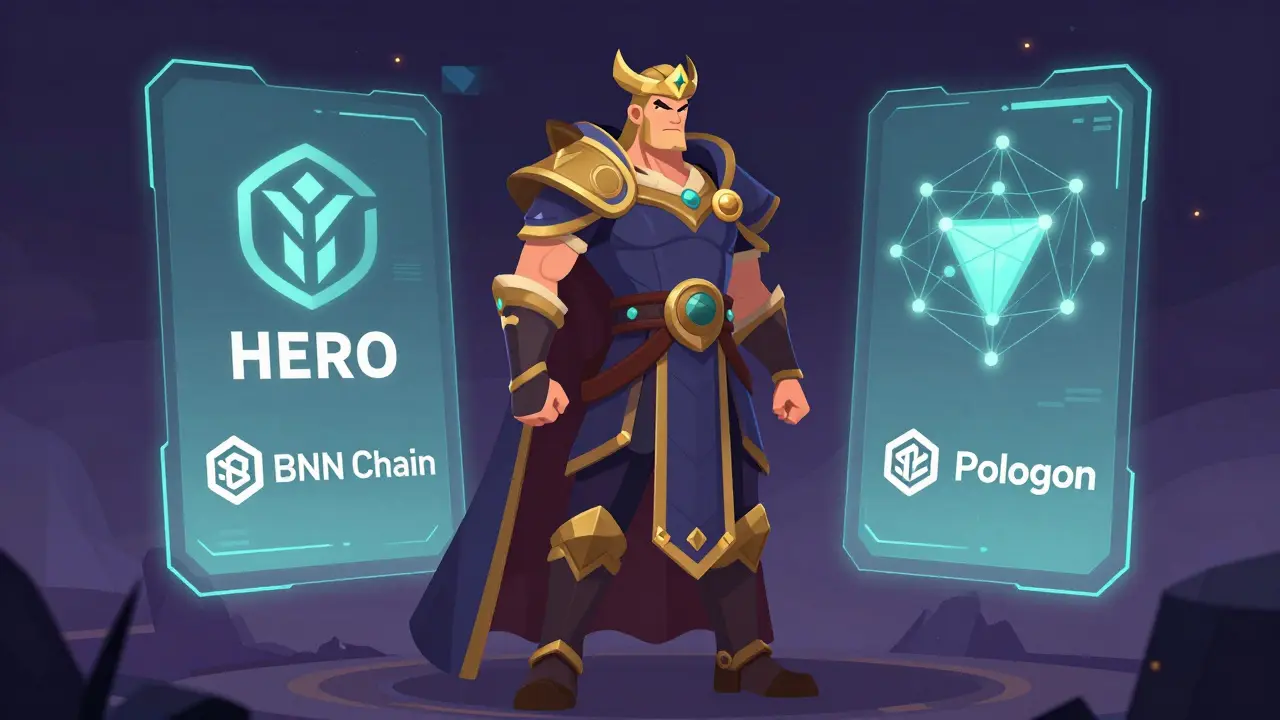A fantasy hero character with holographic DeFi interfaces and network symbols.
