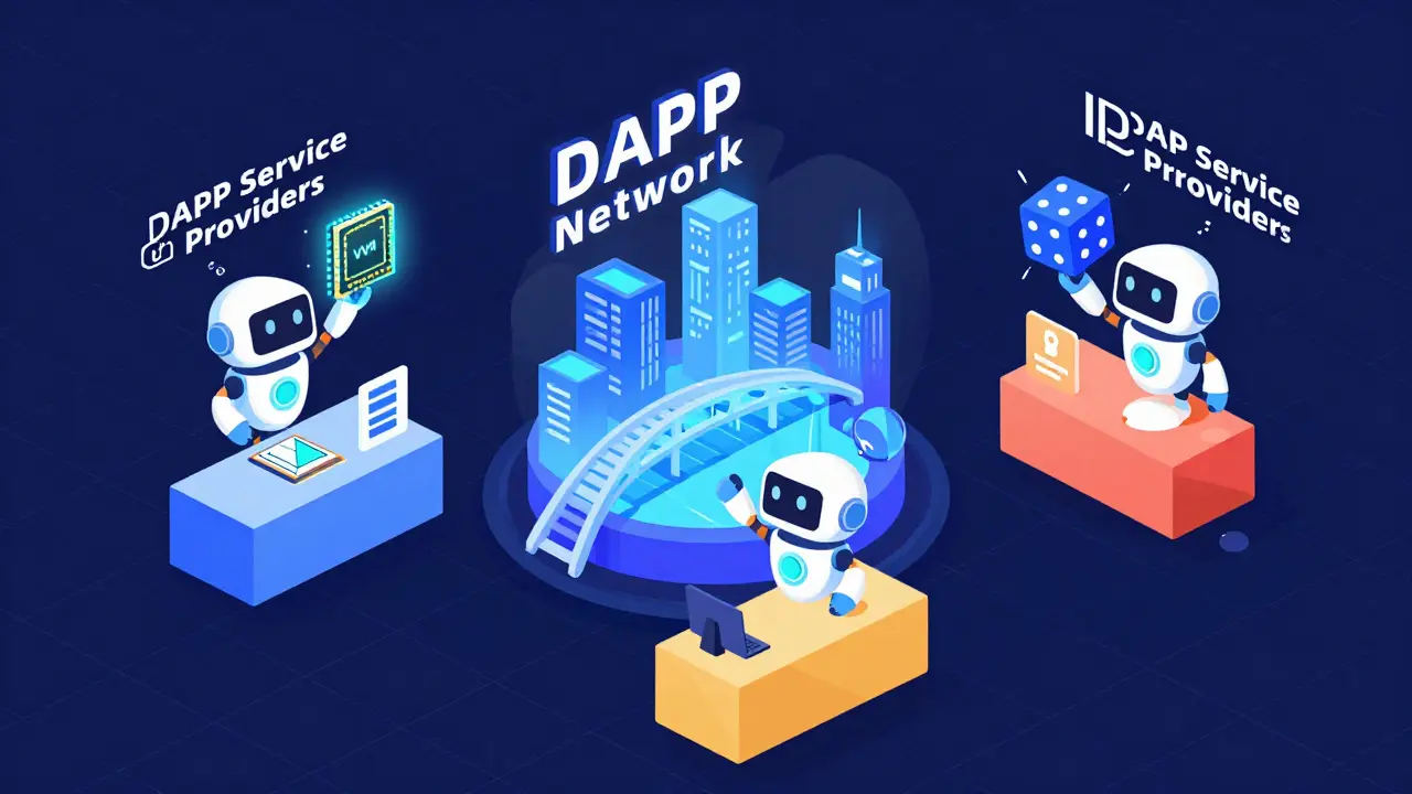 A futuristic digital marketplace where robots provide vRAM and Web Oracle services.